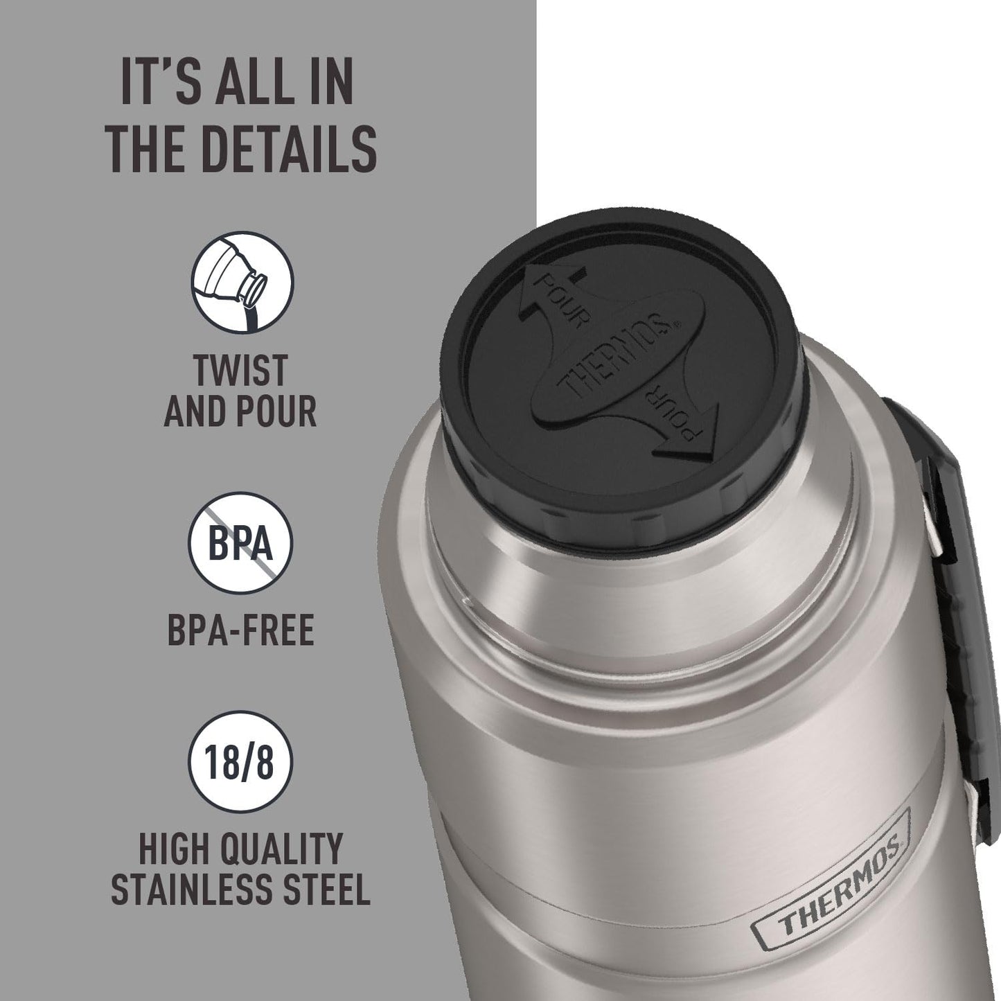 THERMOS Stainless King Vacuum-Insulated Beverage Bottle, 68 Ounce, Matte Steel