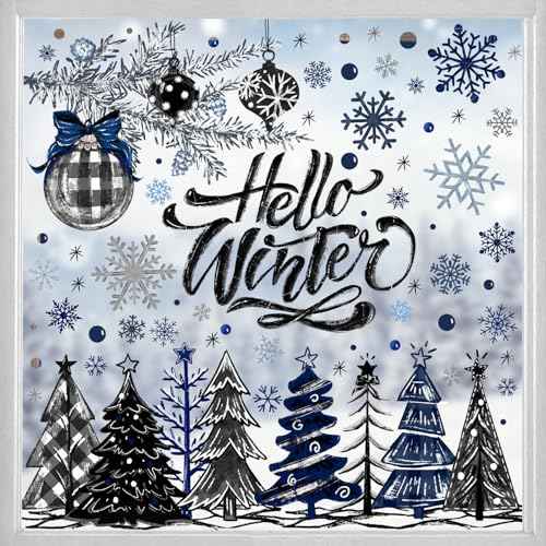 167 PCS Christmas Window Clings Stickers Hello Winter Snowflakes Christmas Tree Pine Branches Window Decals for Xmas Party Home Holiday Shop Glass Display Decoration