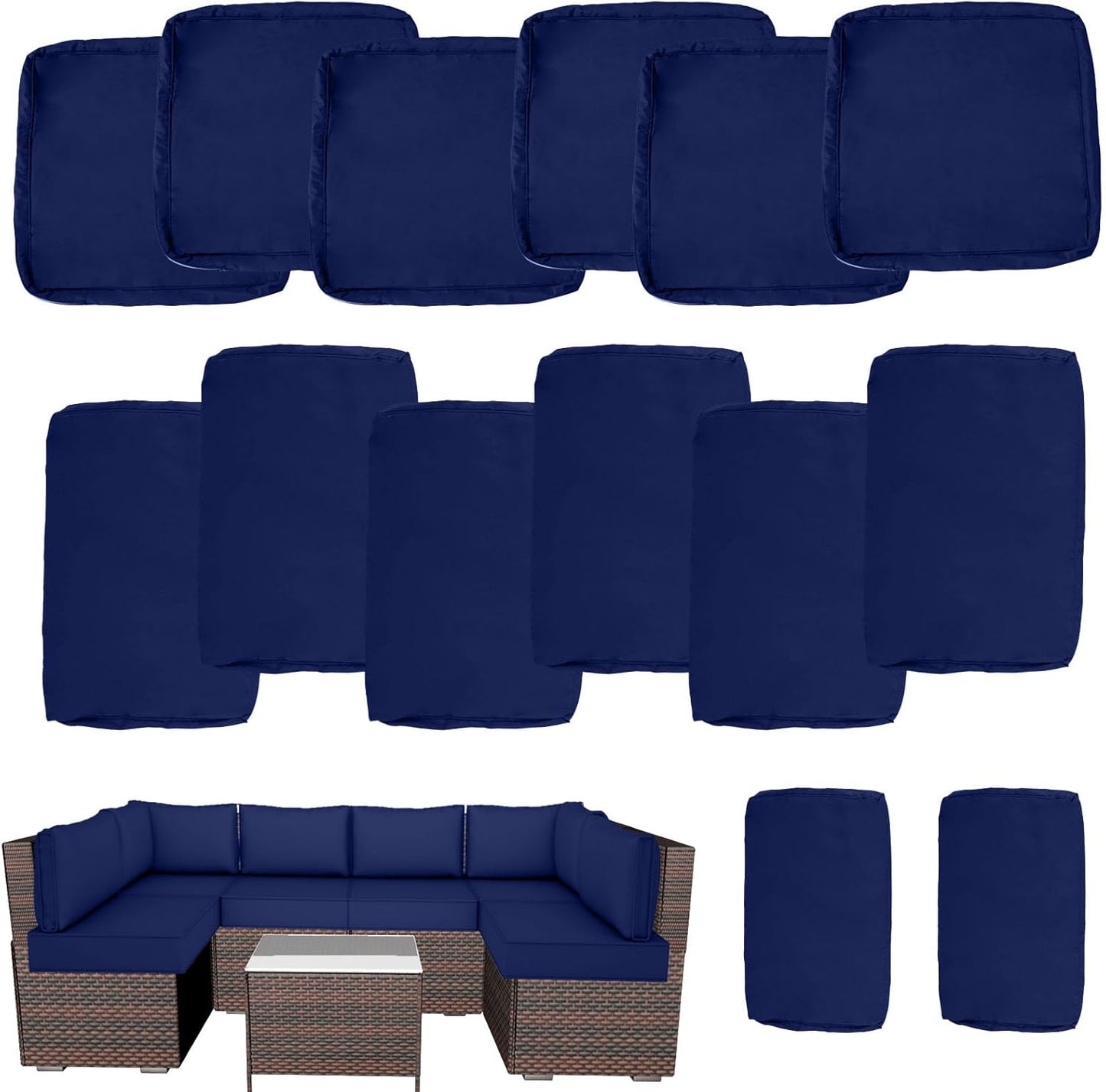 Skiennix Outdoor Cushion Covers - Waterproof & Fade Resistant Replacement for Patio Furniture | 14 Pieces, Navy Blue (25.6x25.6x4 Inch)