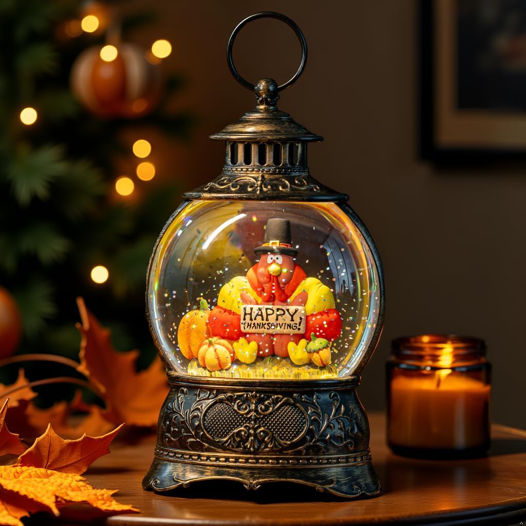 Skiennix Snow Globe | Thanksgiving Water Lantern with Swirling Glitter - Autumn Harvest Decor (Turkey & Pumpkins)