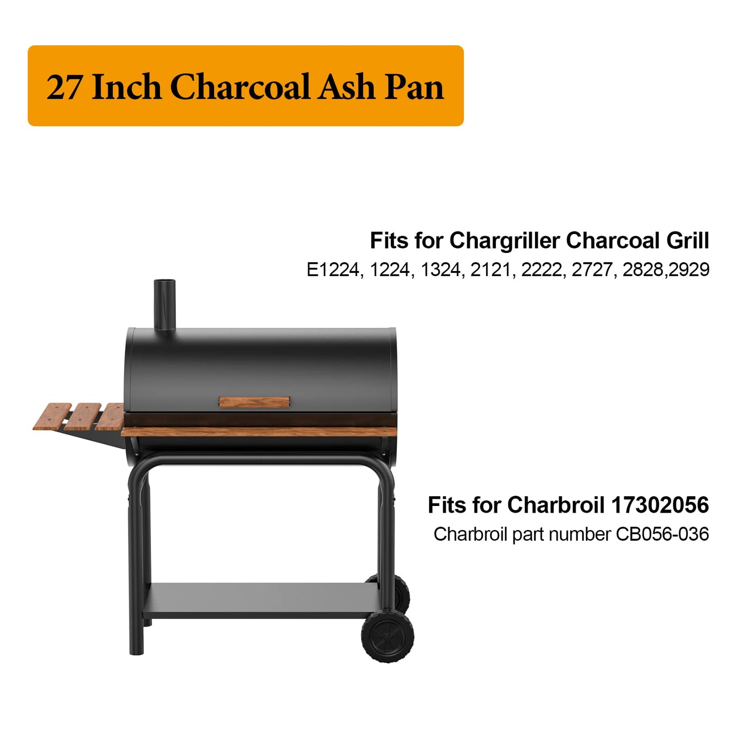 27 Inch Aluminized Steel Ash Pan for Chargriller Charcoal Grills 1224 1324 2121 2222 2727 2828 2929 Replacement Parts with 3pcs Removable Fire Grates and 2pcs Hanger for Charbroil 17302056 Grill