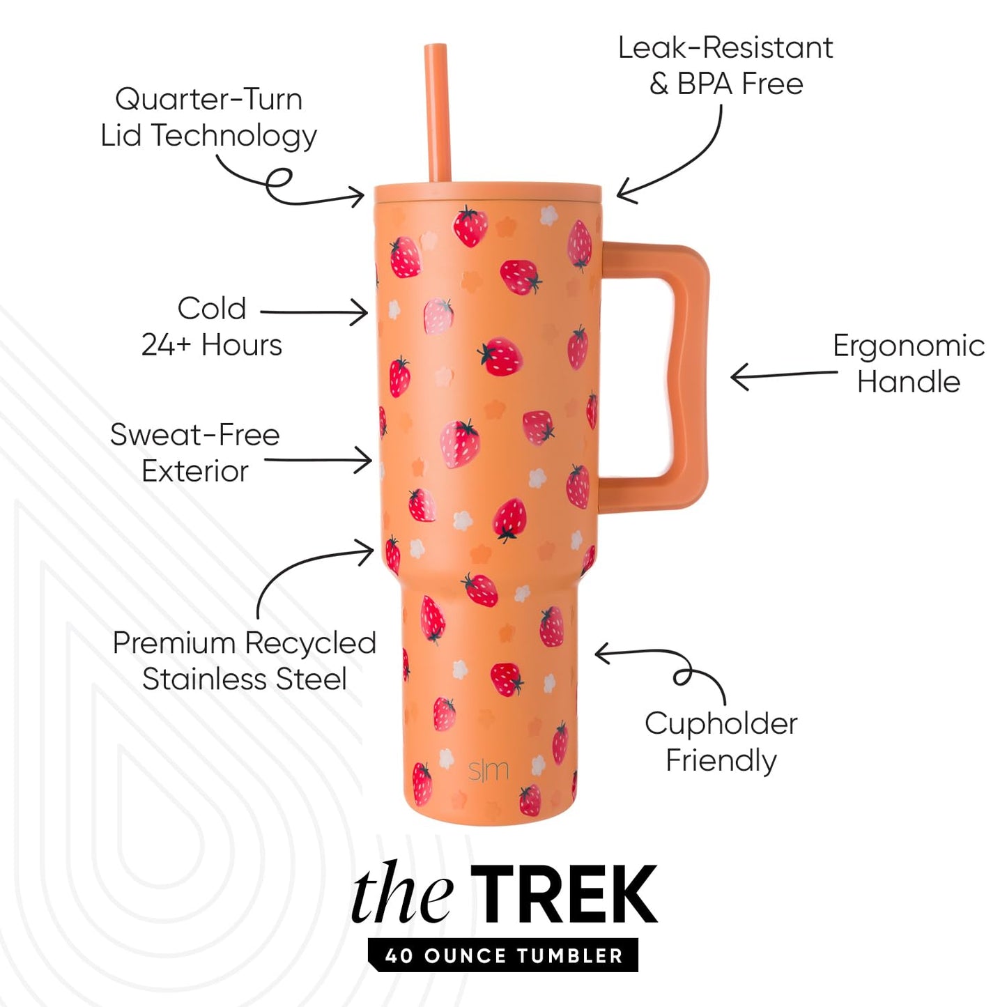 Simple Modern 40 oz Trek Tumbler with Handle and Straw Lid | Cup Holder Friendly Insulated Stainless Steel Travel Mug | Strawberry Fields