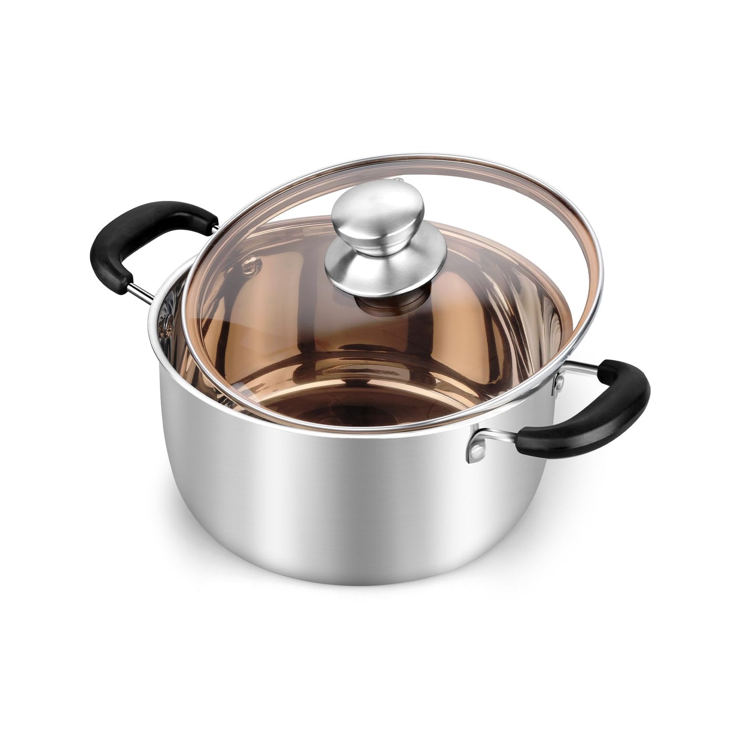 TeamFar 3 Quart Stock Pot, Stainless Steel Stock Pasta Soup Pot with Lid, Tempered Glass Lid & Double Heat-Proof Handles, Non-Toxic & Healthy, Heavy Duty & Dishwasher Safe
