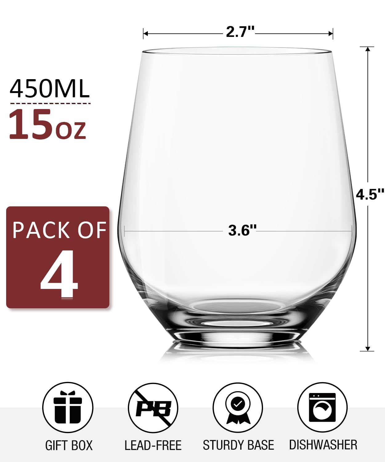 Stemless Wine Glasses Set of 4, Red White Wine Glasses, No Stem, Clear, 15oz, Premium Crystal Sturdy Drinking Glass for Daily Use, Birthday, Wedding, Home Party, Anniversary, Shower Gift