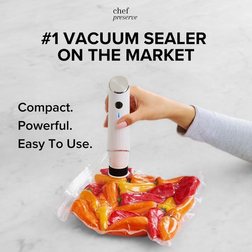 Chef Preserve Compact Vacuum Sealer - Powerful Handheld Food Saver with 30 Reusable Bags | Portable Design