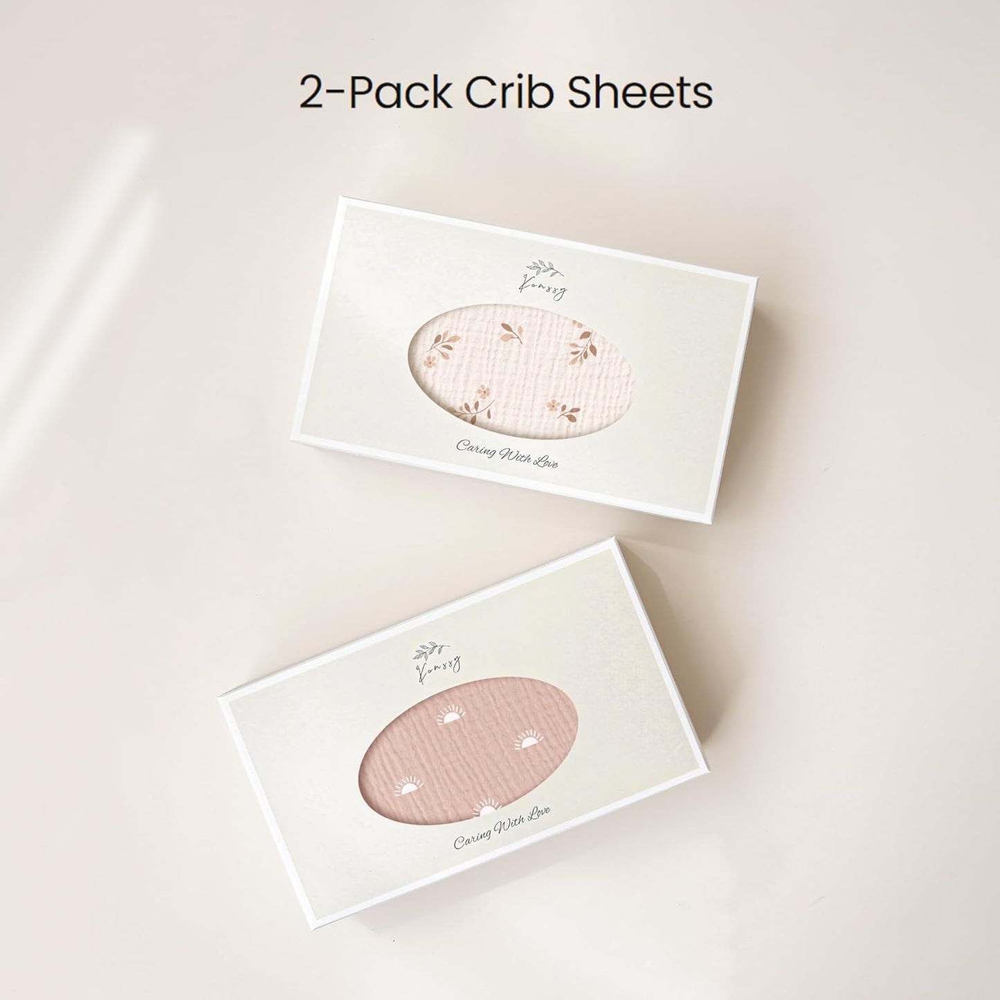 Konssy Muslin Crib Sheets - Soft & Breathable Cotton Baby Sheets for Standard Crib Mattress | 2 PCS (Pink Sun, Khaki Leaf)