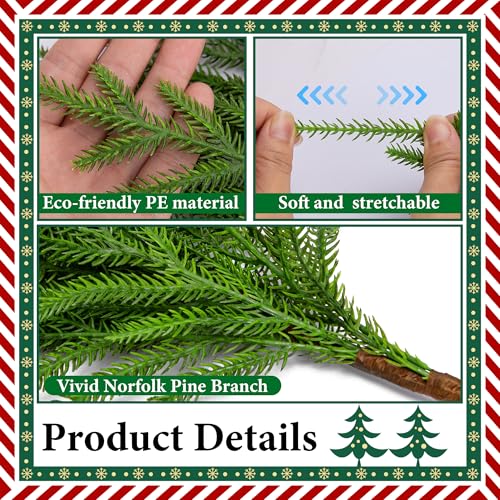 10 Pcs Christmas Norfolk Pine Branches, 19" Extra Length Artificial Xmas Branches Plants Pine Needles, Fake Greenery Norfolk Pines Stems Sprigs for DIY Craft Garland Home Garden Decor