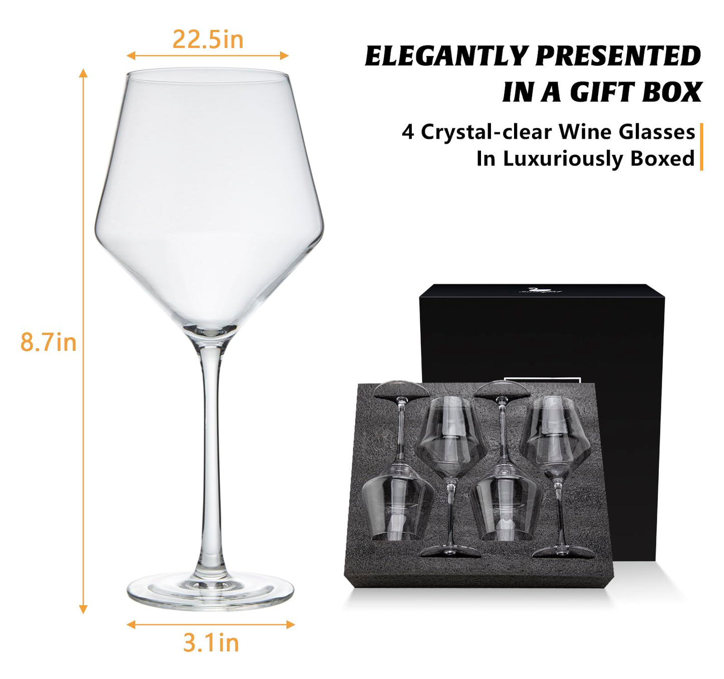 Swanfort Red Wine Glasses Set of 4, Long Stem Crystal Wine Glasses, Burgundy Wine Glass with Gift Box, 16 oz Large Wine Glasses With Stem for Wedding Anniversary Birthday Gifts