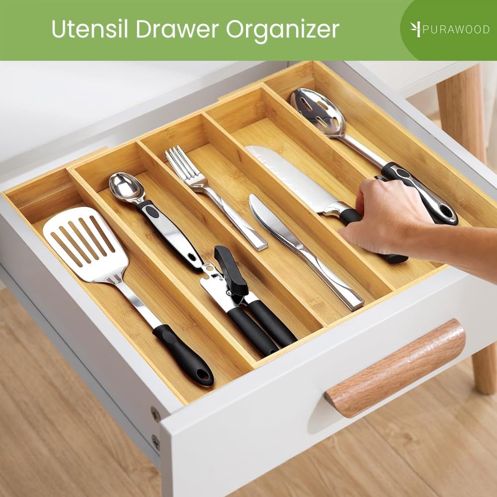 Purawood Kitchen Drawer Organizer - Expandable Bamboo Utensil & Cutlery Tray, 3-5 Slots (Natural Finish)