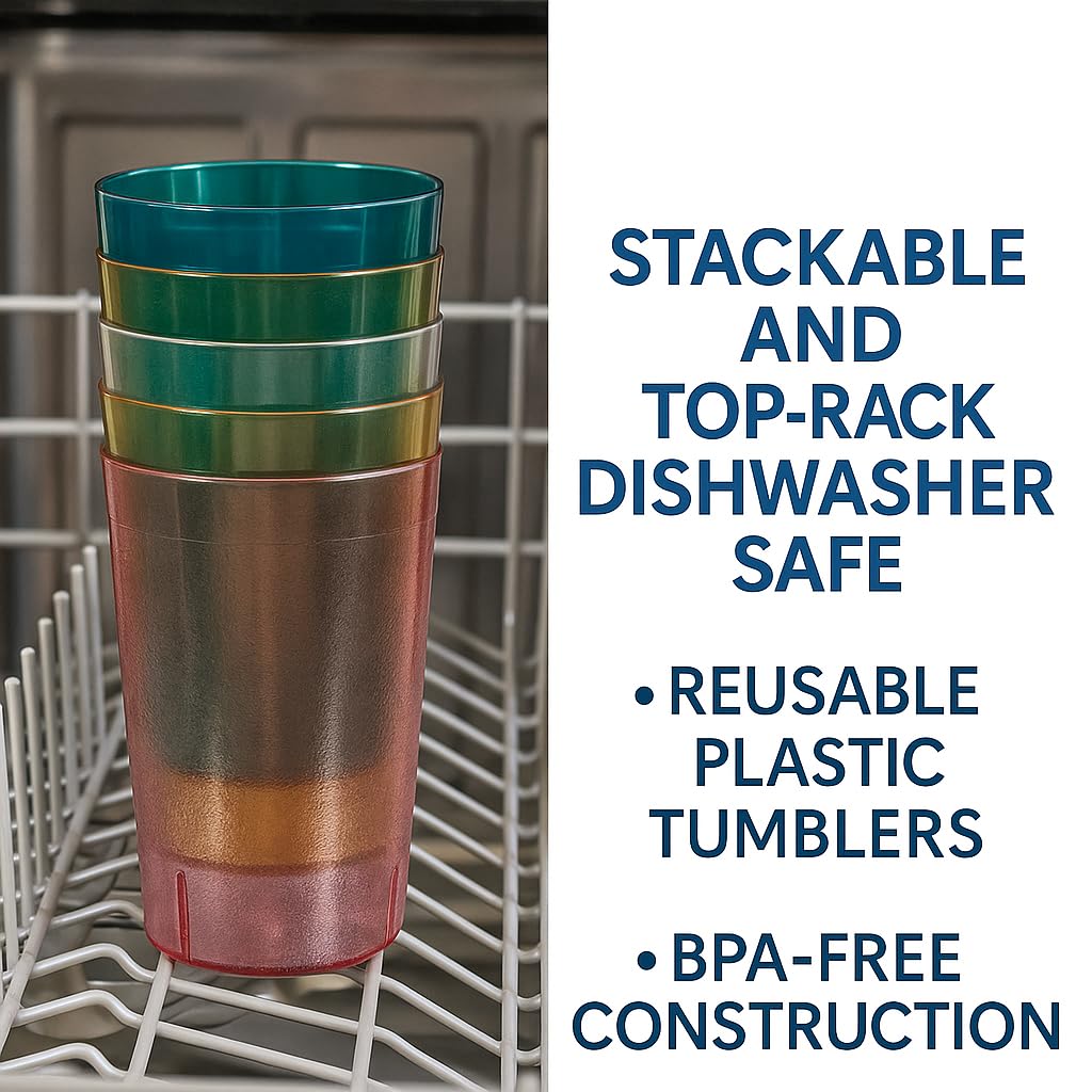Oojami Set of 16 Plastic Tumblers, 20-Ounce Reusable Cups, BPA-Free & Shatterproof, Stackable Restaurant-Style Drinking Glasses for Water, Juice, and Everyday Use, Dishwasher Safe 20 oz