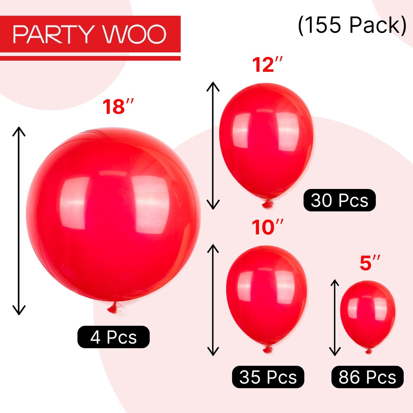 PartyWoo Red Balloons 155 pcs Different Sizes of 18 12 10 5 Inch Red Balloon Arch Kit Garland for Birthday Graduation Bachelorette Citizenship Anniversary Cherry Casino Theme Party Decorations Red-Y57