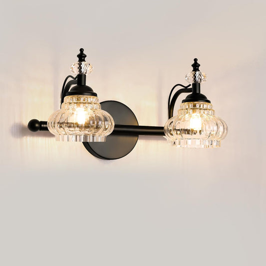 Bathroom Vanity Light Fixtures Over Mirror, Matte Black Vintage Glass Crystal Bathroom Vanity Lighting Fixtures, 2 Lights Wall Sconce for Bathroom Bedroom Kitchen Living Room Dressing Room