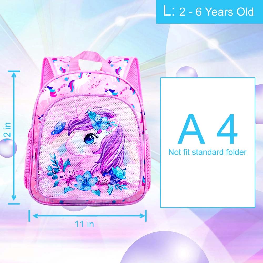 KLFVB Toddler Backpack for Girls, Cute Unicorn Bookbag for Little Kids, 12” Sequin Kindergarten Preschool Schoolbag