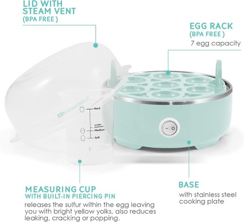 Elite Gourmet Easy Egg Cooker - Electric 7-Egg Capacity, Auto Shut-Off, Retro Mint Design