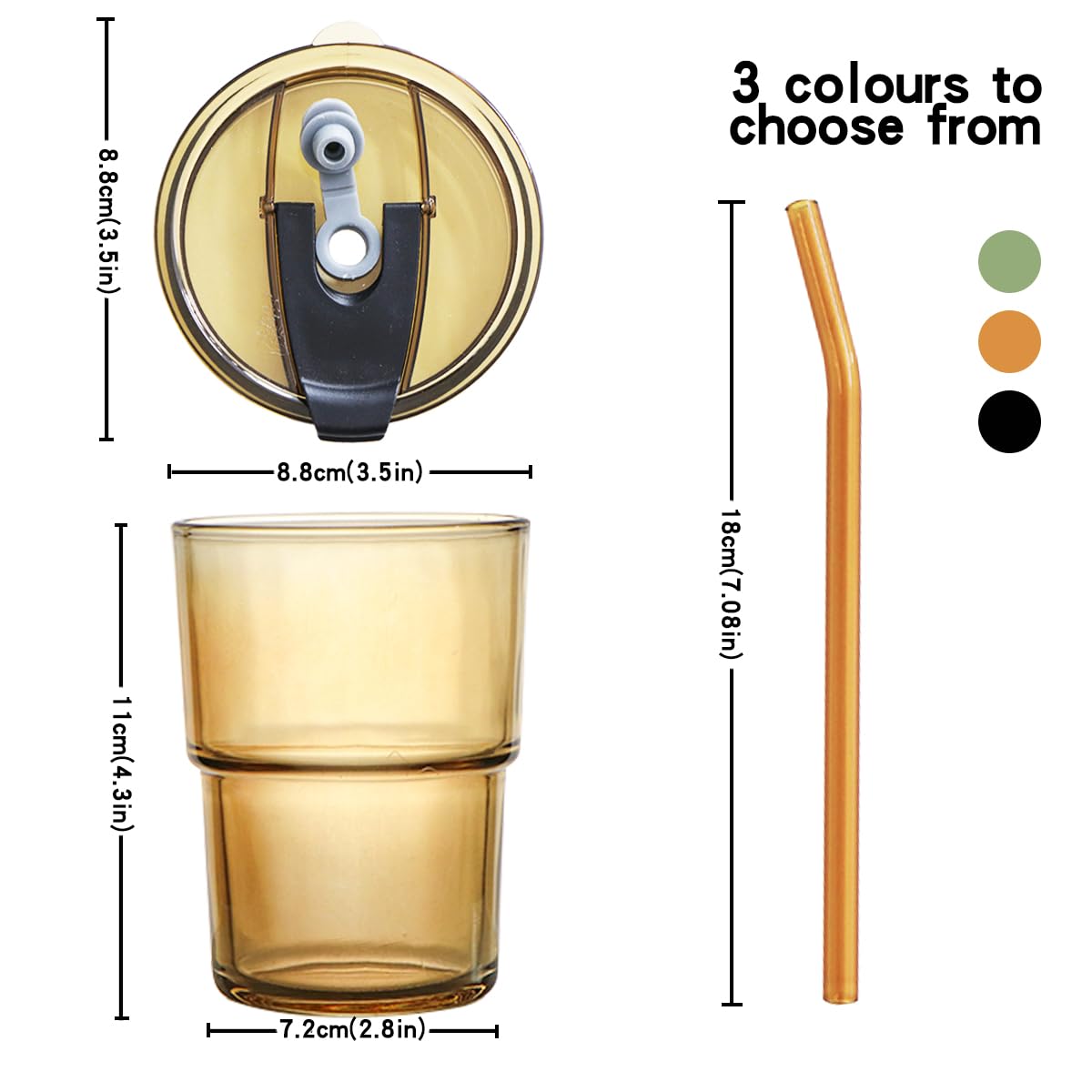 OUDASPV 15oz/450ml Glass Cups with Lids and Straws, Leak-Proof Thick Wall Tumbler Water Glass, Reusable Iced Coffee Cups for Cold & Hot Drinks, Coffee, Tea, Shake (Amber)