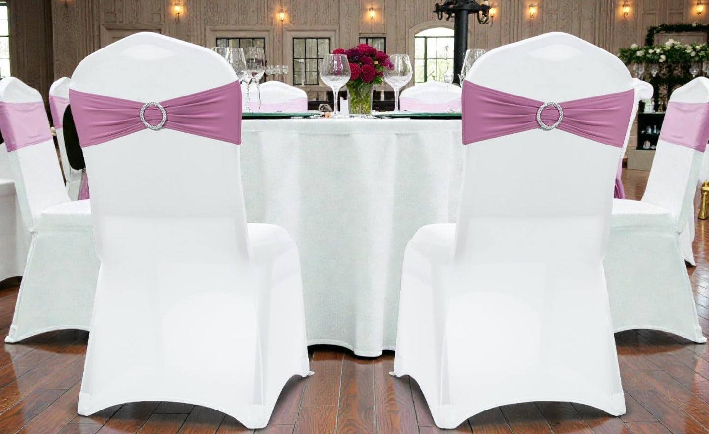 MDS Premium Spandex Chair Sashes - Stretchy Bow Covers with Buckle Slider | Fits Universal Dining Chairs - Dusty Pink (Pack of 50)
