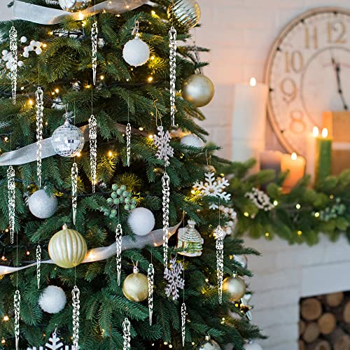 24pcs Christmas Tree Crystal Decorations 4 Styles Clear Acrylic Xmas Tree Icicle Hanging Ornaments for Christmas New Year Holiday Wedding Winter Party Decor