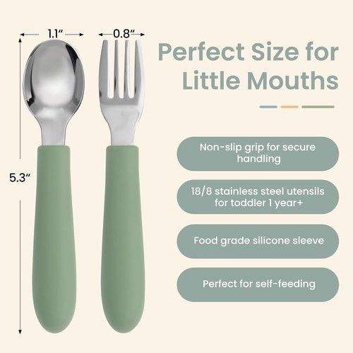 Eascrozn Toddler Utensils Set - 6 Pack Forks and Spoons with Silicone Handles | Safe 18/8 Stainless Steel, BPA Free