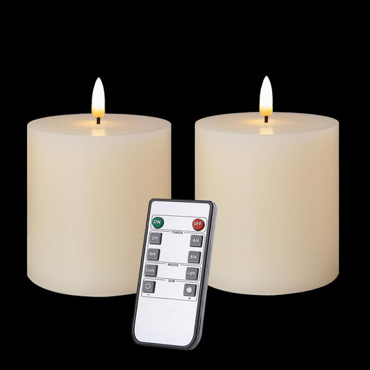 Flameless LED Candles Set of 2 - 3x3 Inch Dimmable Ivory Wax Pillars with Remote Control & Timers for Home Decor