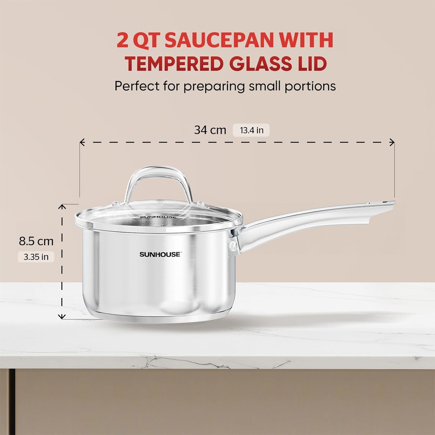 SUNHOUSE - 2-Quart Stainless Steel Sauce Pan with Lid | PFOA-Free, Induction Base, Stay-Cool Handle