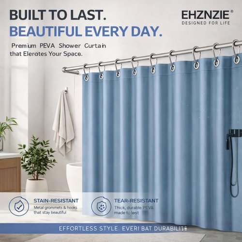 EHZNZIE Shower Curtain Liner - Waterproof Stone Blue PEVA with 3 Weighted Magnets | 72x72 Inches, No Chemical Smell
