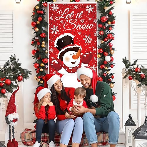 Augisteen Christmas Snowman Door Cover Winter Let It Snow Doors Banner Christmas Front Door Porch Banner Snowman Photography Backdrop Sign for Xmas New Year Winter Holiday Home Party Decor