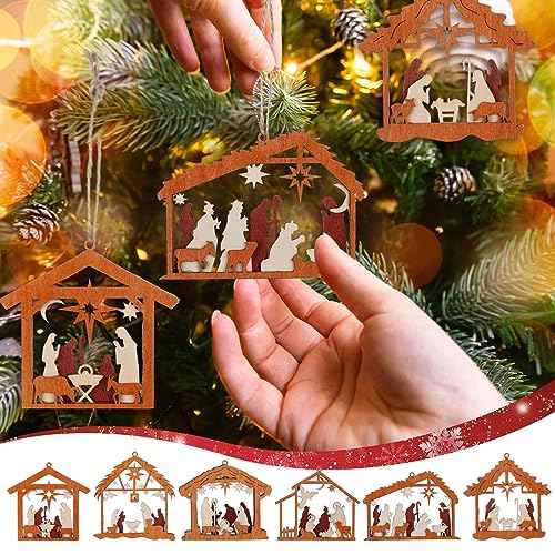 Bucherry 6 Pcs Wooden Nativity Scene Ornament for Tree Topper Decorations, Christmas Nativity Gifts for Christian Church Religious Friends Teachers Coworkers, Ornament(House)