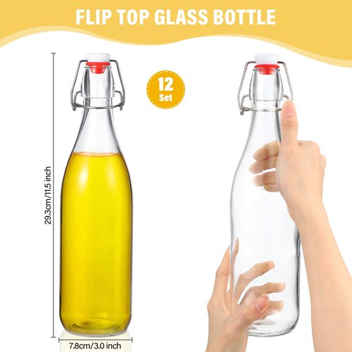 Aoriher 12 Pcs 25 oz Swing Top Glass Bottles 750 ml Glass Bottles with Red Caps for Home Brewing Kombucha Homemade Juices Beer Water Oil Vinegar Soda Syrup Kefir Beverages