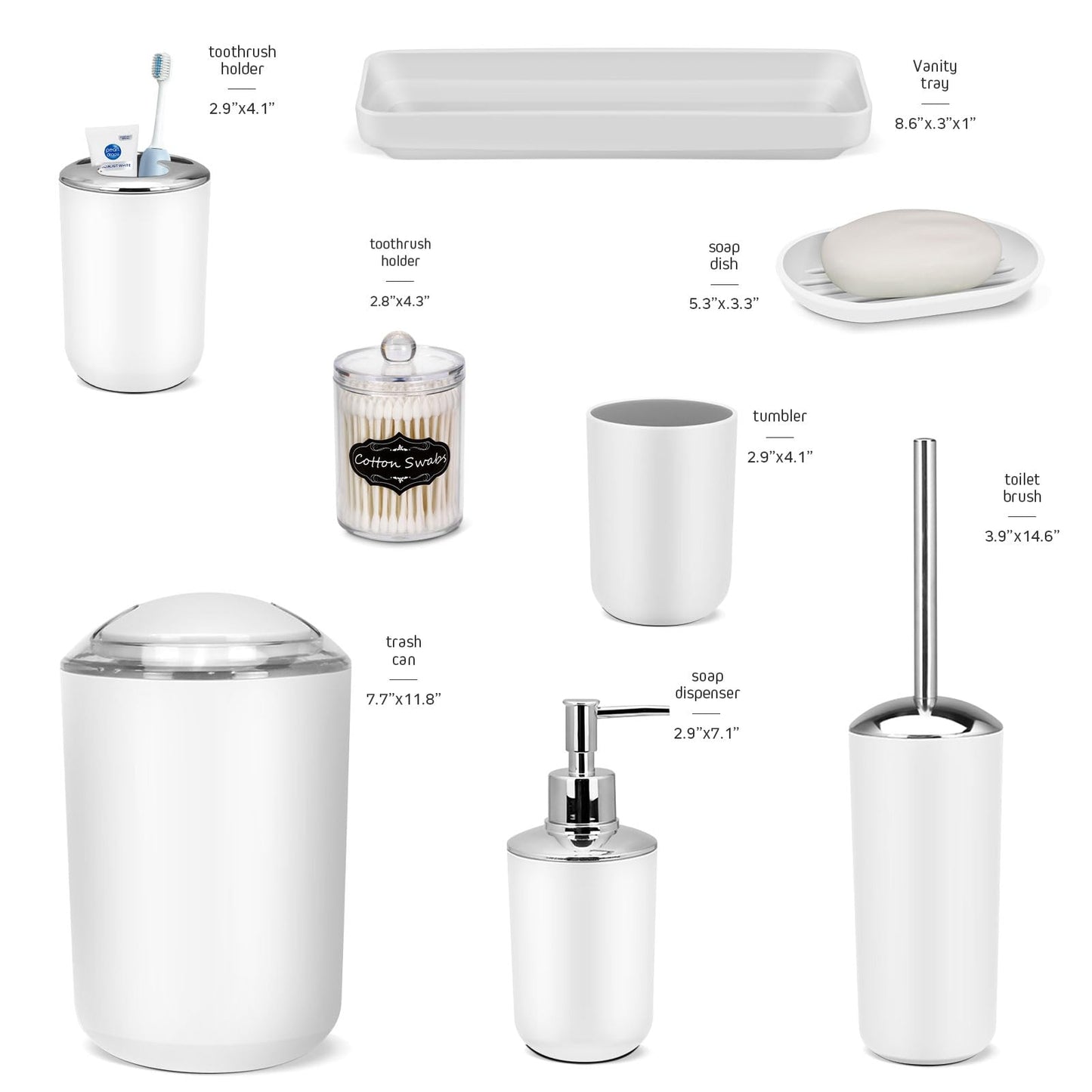 Bathroom Set - 9 Pcs White Bathroom Accessories Set with Trash Can,Tray,Soap Dispenser,Soap Dish,Toothbrush Holder&Cup,Toilet Brush Holder,2 Qtip Holder Dispenser