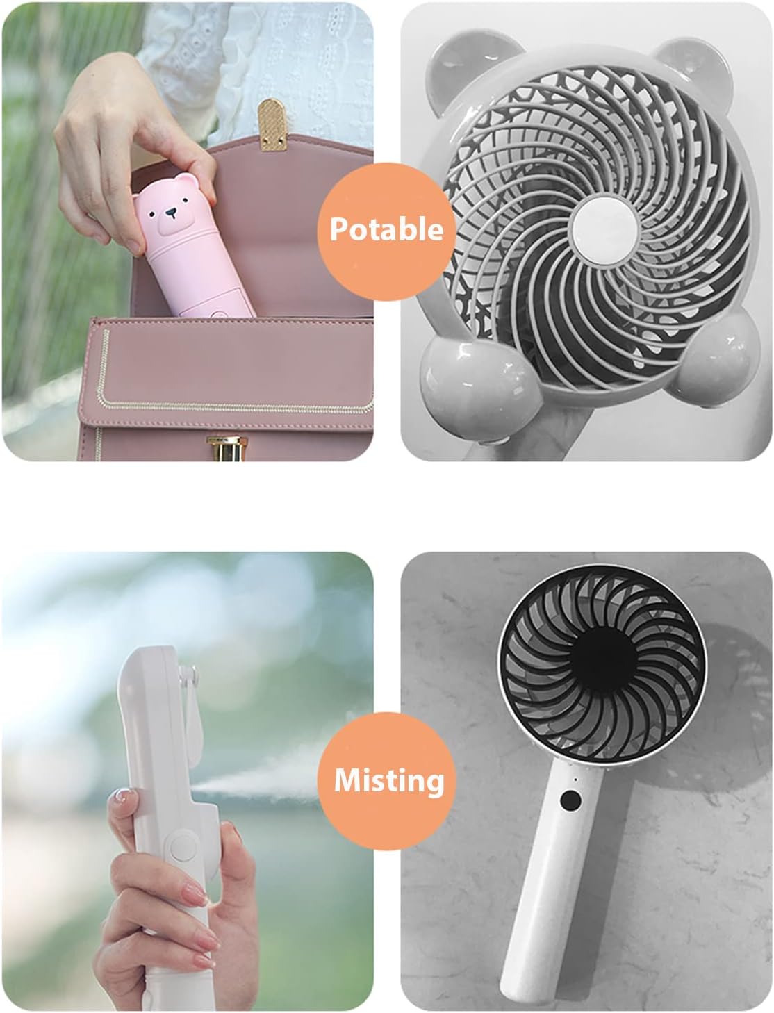 Skiennix Portable Misting Fan - Mini Handheld Fan with Rechargeable Battery & 3 Speed Settings | White