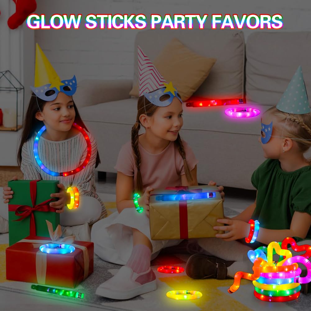 Siwarm 24 Pcs Glow Sticks Toys for Kids, LED Light Up Pop Tubes/Bracelet Party Favors for Kids,Glow in The Dark Party Supplies, Birthday Gifts Xmas Stocking Goodie Bags Stuffers Boys Girls