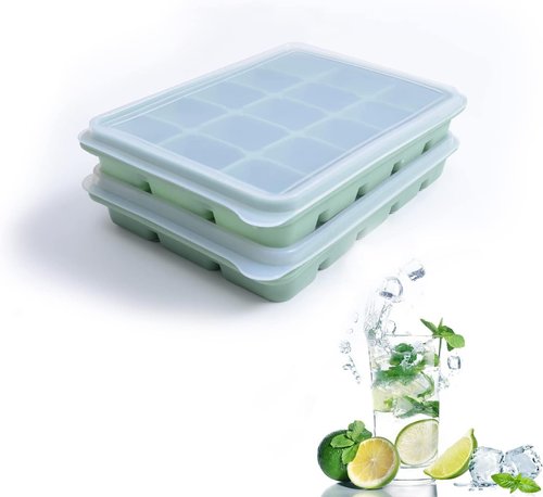 BAMBOO GREEN Silicone Ice Cube Trays - Set of 2 Flexible Molds with Removable Lid | BPA Free, Stackable Design