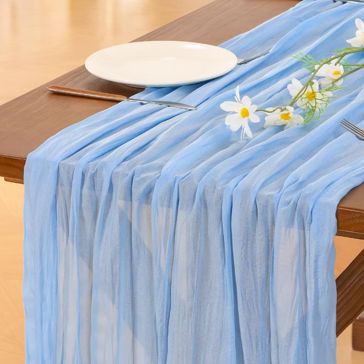 Socomi Cheesecloth Table Runner - Light Blue Boho Rustic Design | 120 Inch for Weddings & Events