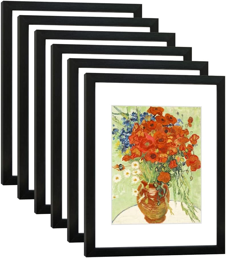 Regine Switzerland 11x14 Picture Frame Set of 6 - Real Glass for 8x10 Photos with Mat or 11x14 Without Mat | Black Wall Gallery & Tabletop Display