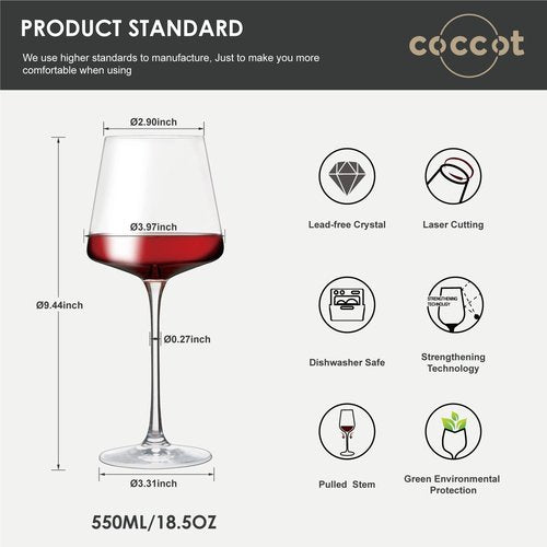 coccot Wine Glasses Set of 6,Crystal White Wine Glasses,Red Wine Glass Set, Wine Glasses Long stem,Clear Lead-Free Premium Blown Glassware (18.5oz,6 pack)