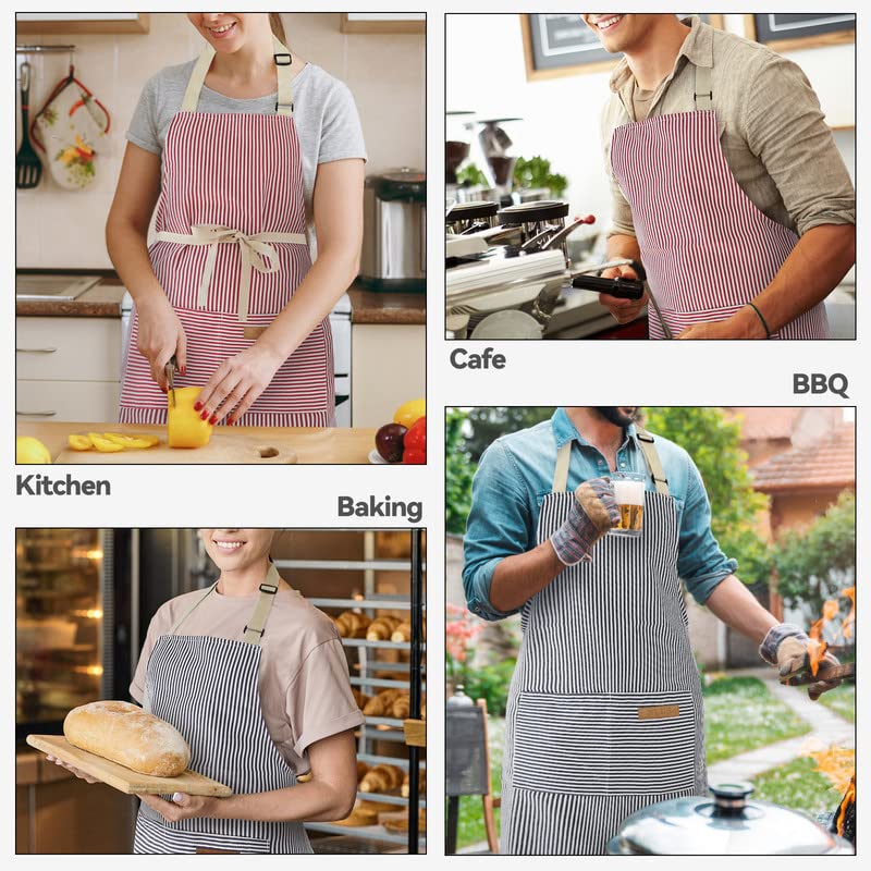 NLUS 2 Pack Kitchen Cooking Aprons, Adjustable Bib Soft Chef Apron with 2 Pockets for Men Women (Blue Pinstripes/Pink Pinstripes)