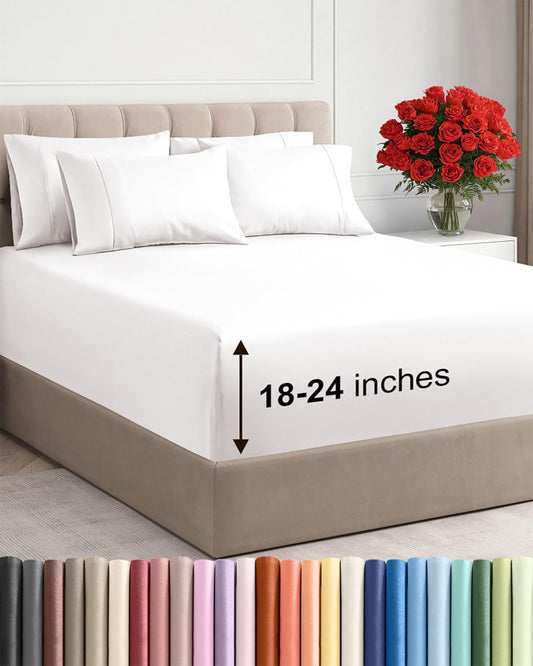 Skiennix Extra Deep Queen Sheet Set - 6 Piece Breathable Cooling Bedding - Soft Wrinkle-Free Antique White