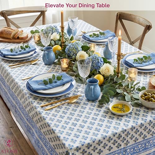 ATOSII Gulbahar Blue 100% Cotton Fall Rectangle Tablecloth 60x108 Inches, Hand Block Print, Washable, Perfect for Holidays & Events