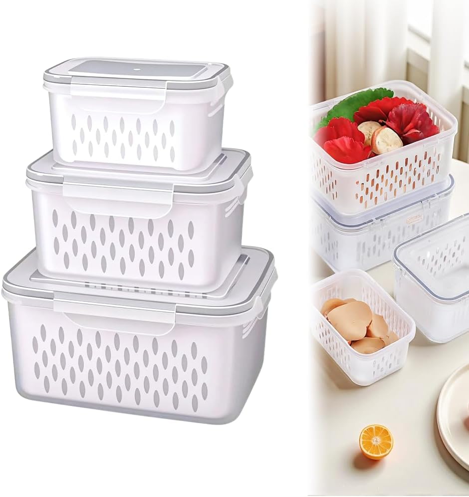 Transparent Fruit Storage Containers by [Brand Name] - Leak-Proof, Removable Colander Set for Berries & Vegetables - 3 Pcs (Grey)