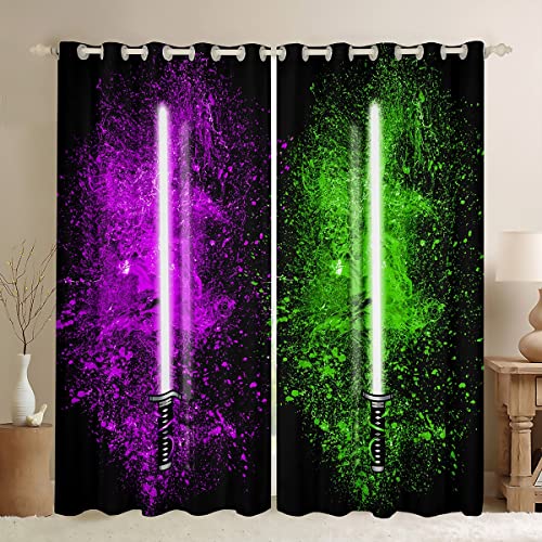 Feelyou Lightsaber Windows Drapes Purple Green Tie Dye Curtains for Bedroom Living Room for Kids Boys Teens Future Technology Curtains Soft Lightweight Room Decoration,42 X 63 Inch,2 Panels