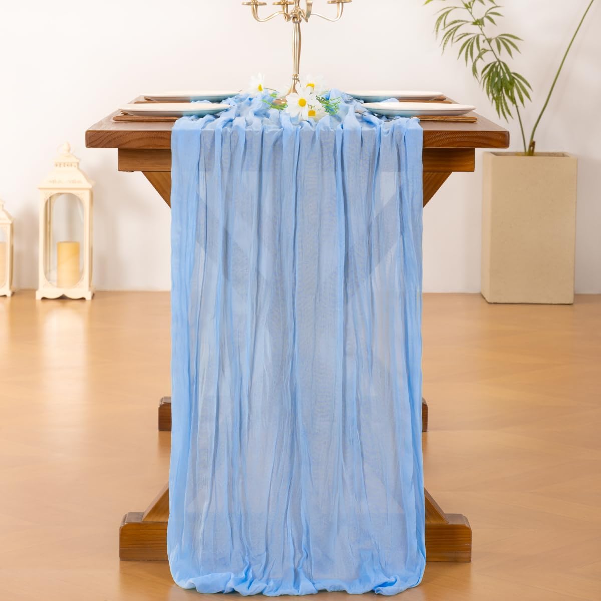 Socomi Cheesecloth Table Runner - Light Blue Boho Rustic Design | 120 Inch for Weddings & Events
