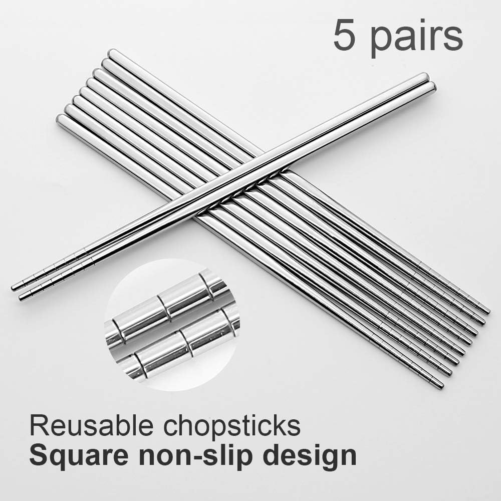 Skiennix Stainless Steel Chopsticks - Reusable Multicolor Set of 5 | Lightweight & Dishwasher Safe