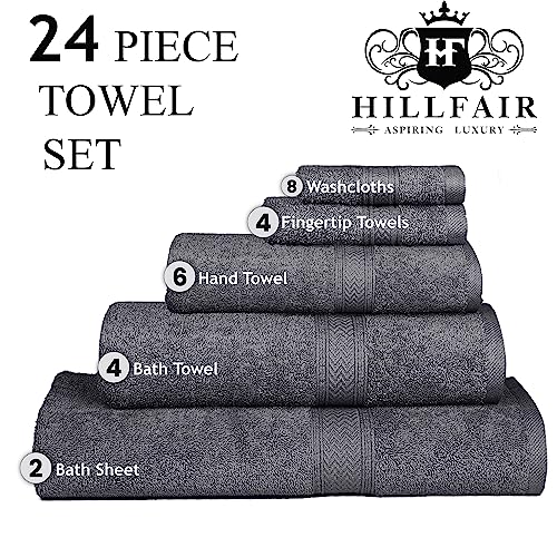 HILLFAIR 24-Piece Cotton Bath Towel Set - Platinum, Includes Oversized & Hand Towels