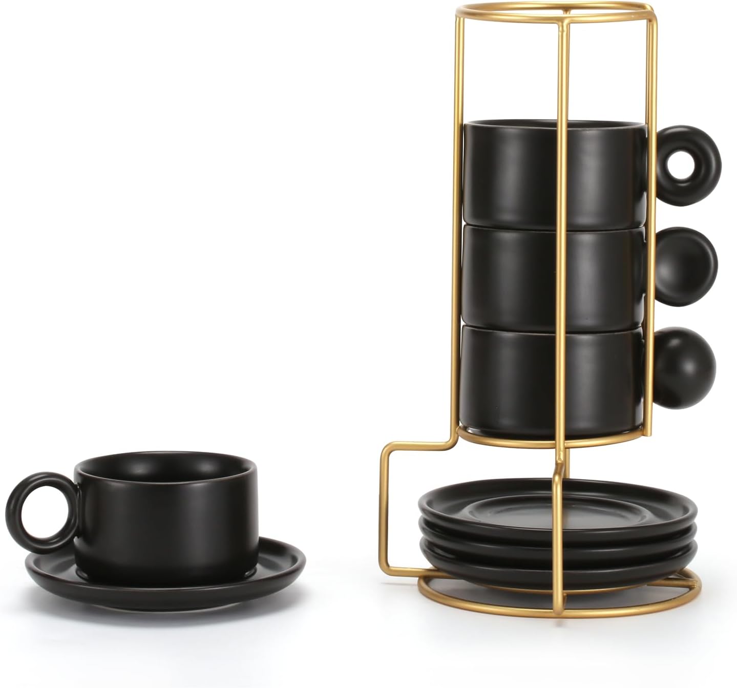 LURRIER Porcelain Espresso Cups Set - Stackable 3 Ounce Ceramic Mugs with Saucer & Metal Stand | Black (Set of 4)