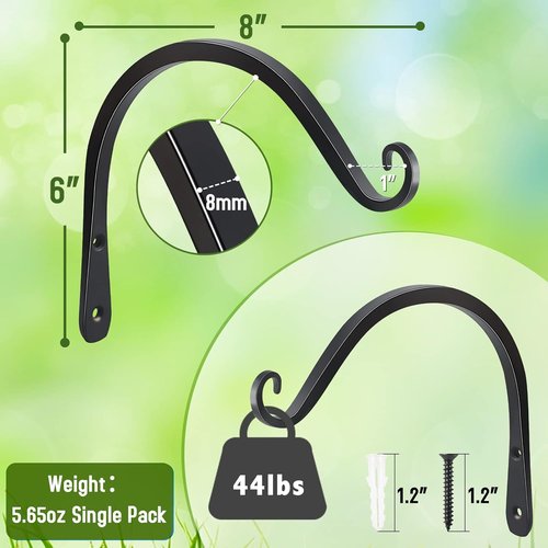FEED GARDEN Heavy Duty Plant Hooks - 8 Inch Wall-Mounted Brackets | 44lb Capacity Steel Hangers in Black