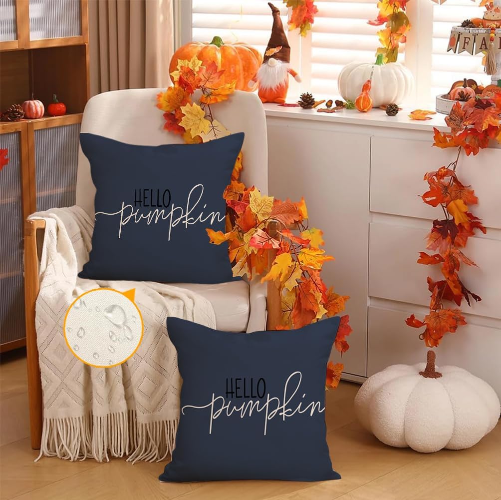 RABUSOFA Fall Pillow Covers - 18x18 Inch Dark Blue Harvest Design | Autumn Hello Pumpkin Decor