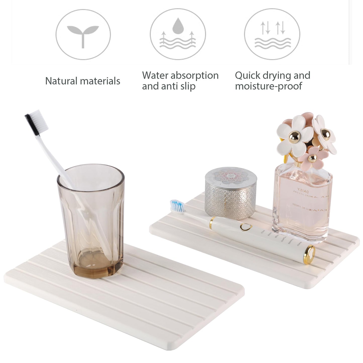 NiuYichee 2 PCS Water Absorbent diatomite Coasters, 9.5" x 5.5" Water Absorbing Stone Tray for Sink, Stone Drying mat for Kitchen Counter, Stone soap Tray Used for Hand Soaps & toiletries & Plants