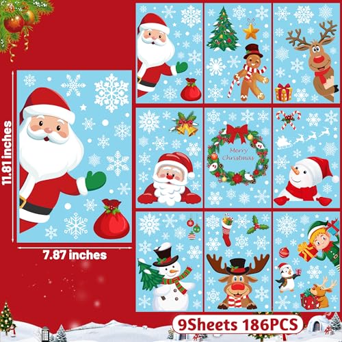 186PCS Christmas Decor, Christmas Window Clings, 9 Sheets Snowflake Window Stickers Decals with Santa Claus Snowman Reindeer, PVC Xmas Decorations Clings for Holiday Party Decorations Accessories