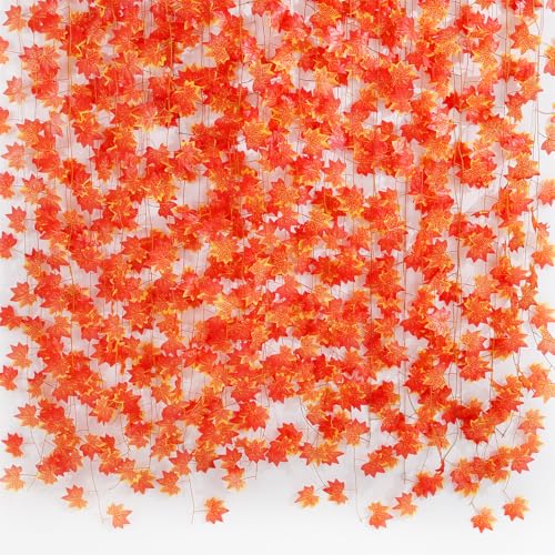 Fall Leaf Garland for Room Decor(12 Pack),Artificial Maple Leaves,Autumn Hanging Vines Red Ivy Plant for Bedroom Wall Decor Thanksgiving Halloween Christmas WeddingParty Garden Fireplace