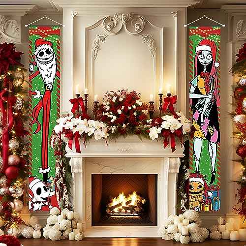 Christmas Decorations, Jack Sally Banners Xmas Porch Signs Christmas Decor Nightmare Merry Christmas Banner Before Welcome Wall Home Indoor Outdoor Party